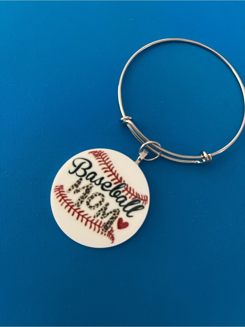 Baseball Mom Charm Bangle Bracelet - White & Red